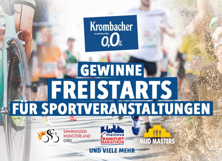 Ein Werbebanner für Krombacher 0,0% mit dem Text GEWINNE FREISTARTS FÜR SPORTVERANSTALTUNGEN.